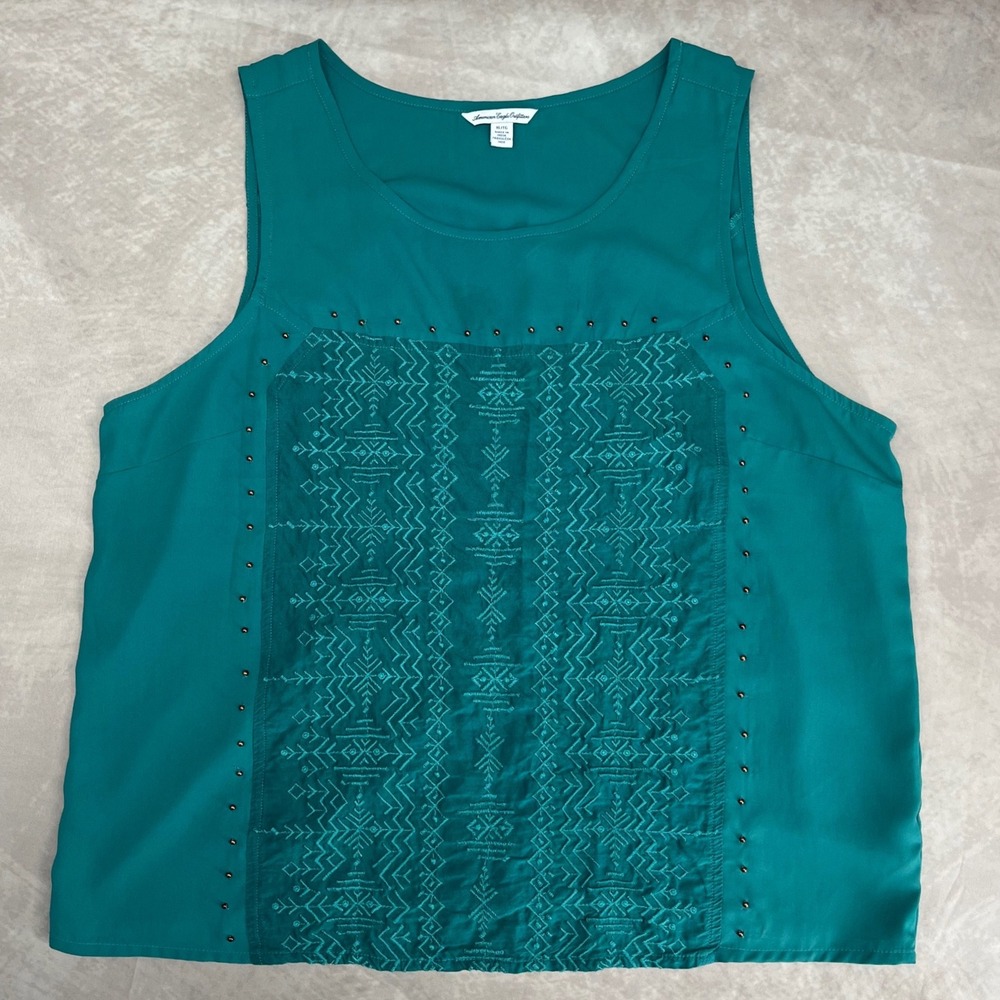 American Eagle Tank Top Womens XL Teal Embroidered Studded Boho Festival